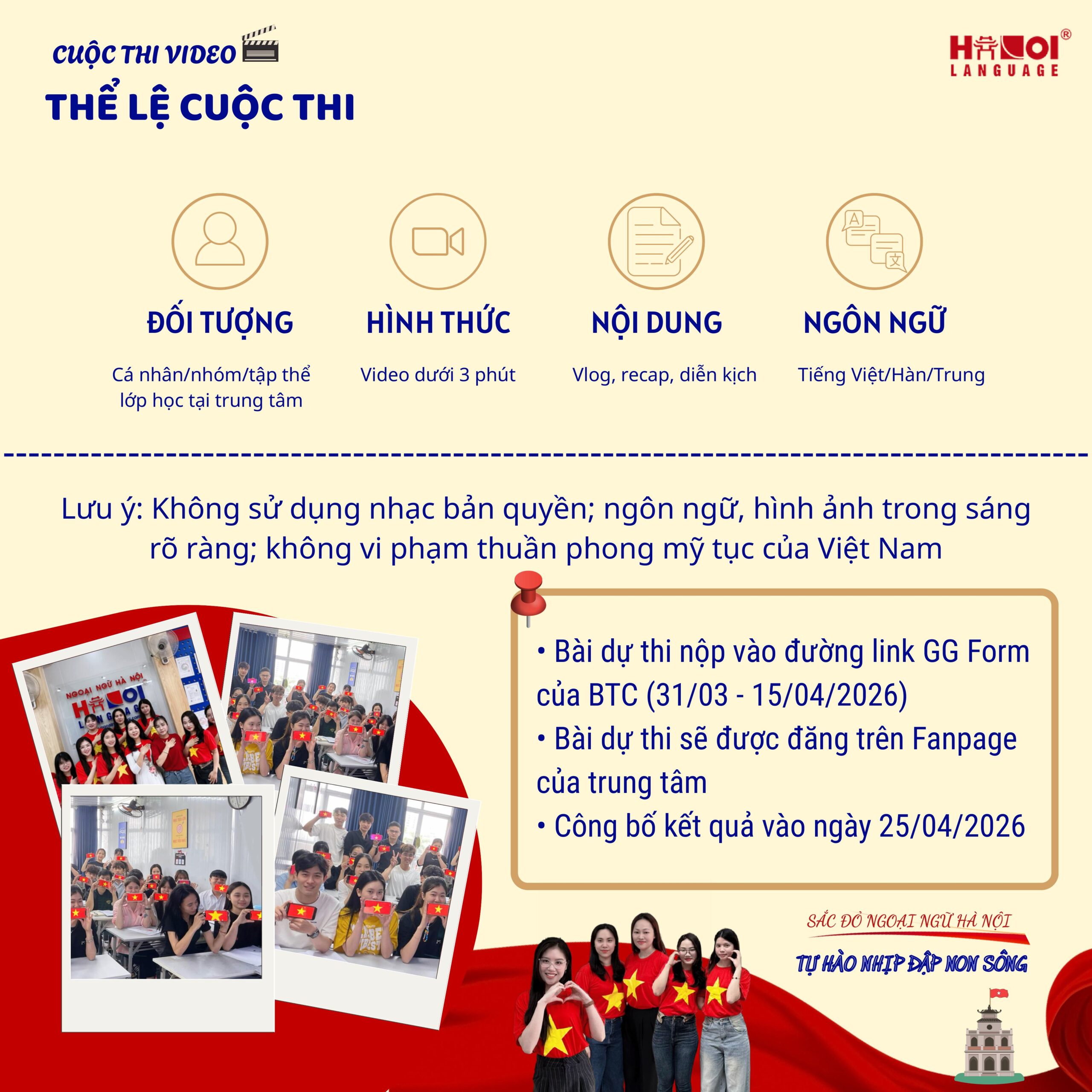 Thể lệ cuộc thi video  "Sắc Đỏ Ngoại Ngữ Hà Nội: Tự Hào Nhịp Đập Non Sông"