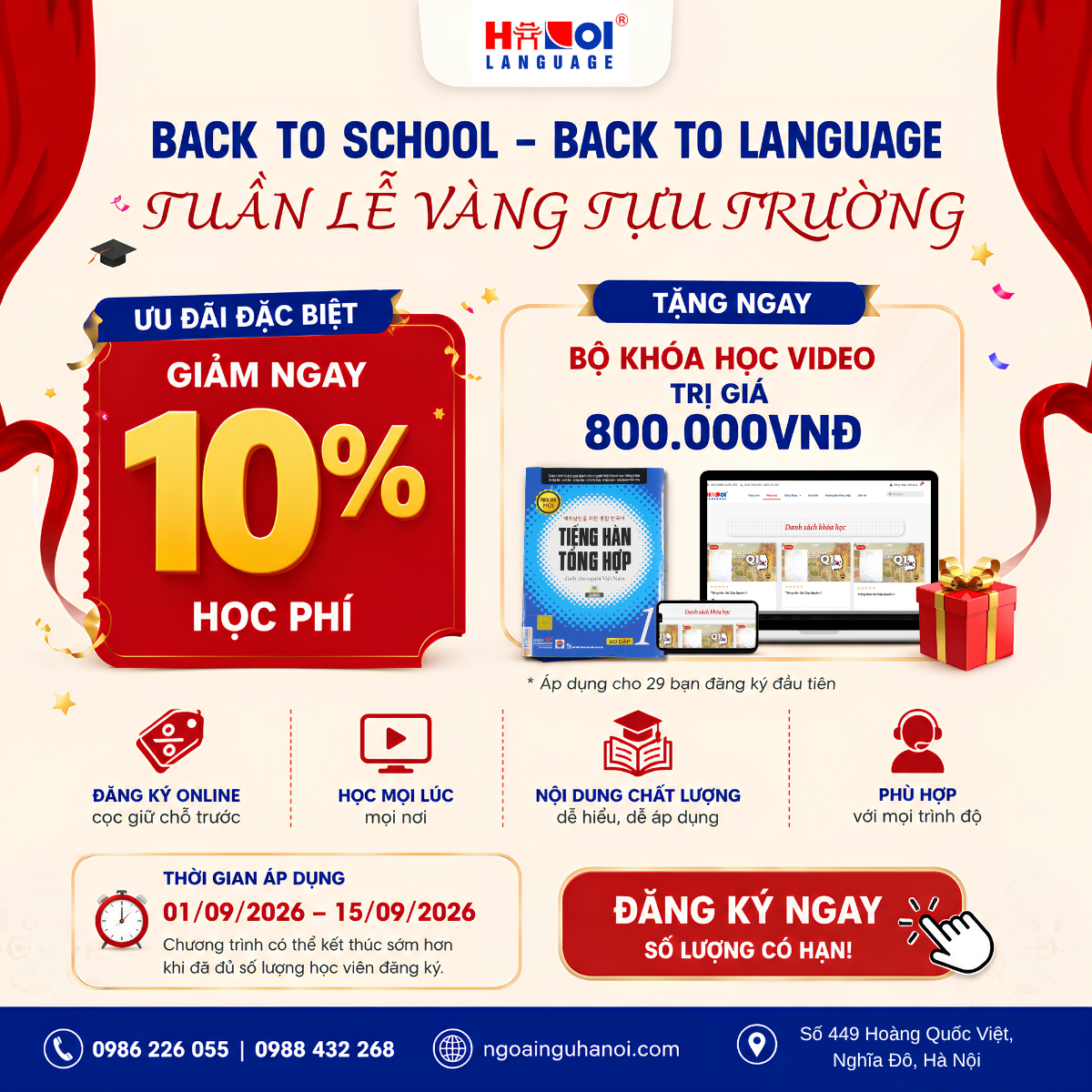 TUẦN LỄ VÀNG TỰU TRƯỜNG 2026: Giảm 10% Học Phí, Tặng Khóa Học Video